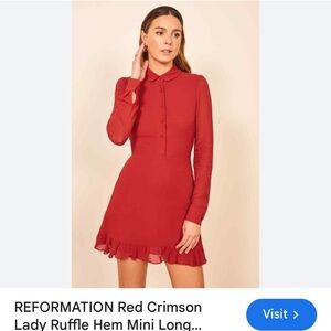 NEW REFORMATION Red Crimson Lady Ruffle Hem Mini Shirt-Dress Size 10